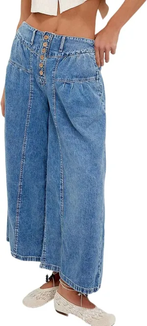 loveimgs Women Mid Rise Pleated Denim Palazzo Pants Cargo Wide Leg Baggy Jeans Ruffle Flare Harem Pants Y2k Elastic Waist