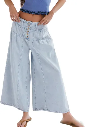 loveimgs Women Mid Rise Pleated Denim Palazzo Pants Cargo Wide Leg Baggy Jeans Ruffle Flare Harem Pants Y2k Elastic Waist