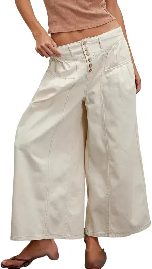 loveimgs Women Mid Rise Pleated Denim Palazzo Pants Cargo Wide Leg Baggy Jeans Ruffle Flare Harem Pants Y2k Elastic Waist