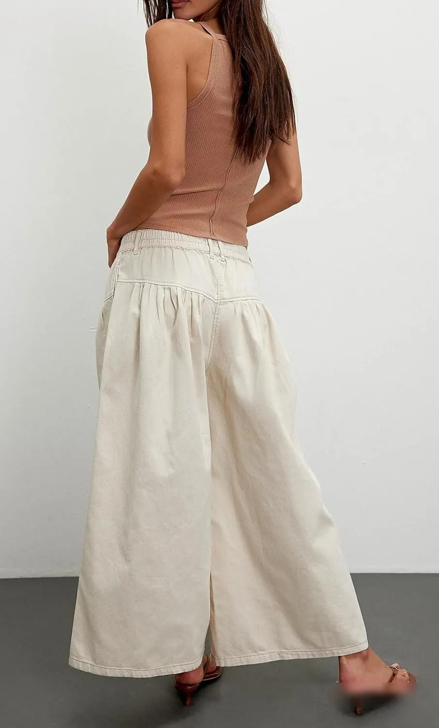 loveimgs Women Mid Rise Pleated Denim Palazzo Pants Cargo Wide Leg Baggy Jeans Ruffle Flare Harem Pants Y2k Elastic Waist