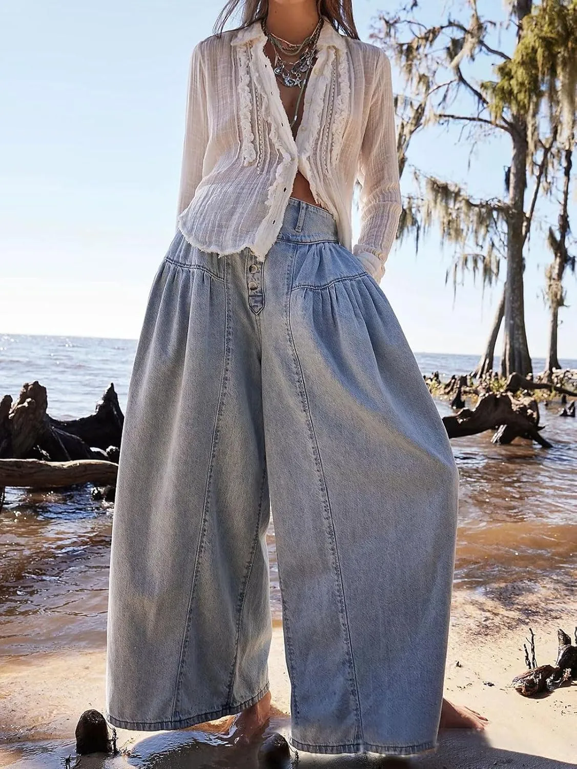 loveimgs Women Mid Rise Pleated Denim Palazzo Pants Cargo Wide Leg Baggy Jeans Ruffle Flare Harem Pants Y2k Elastic Waist