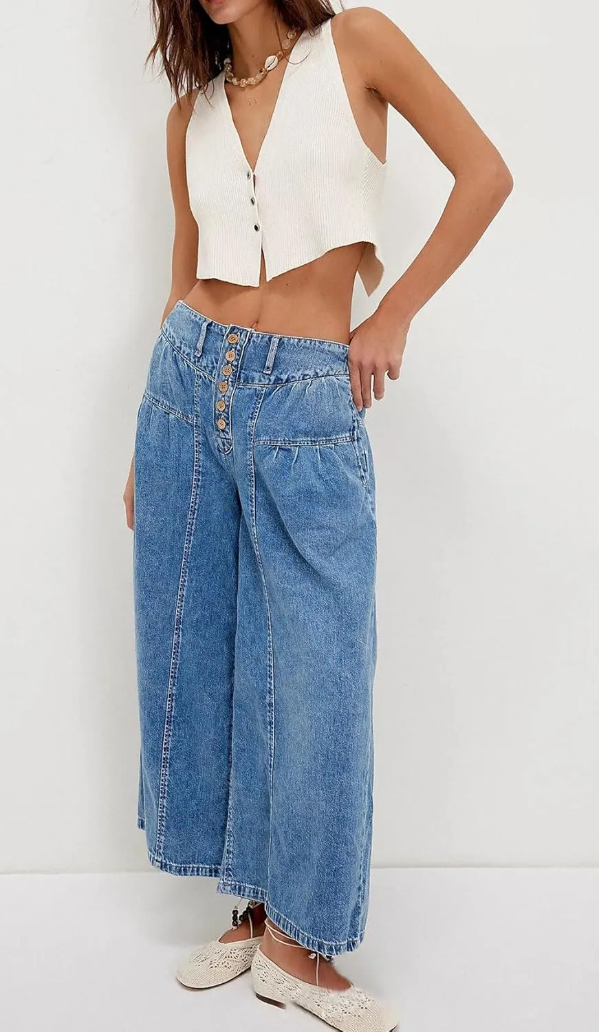 loveimgs Women Mid Rise Pleated Denim Palazzo Pants Cargo Wide Leg Baggy Jeans Ruffle Flare Harem Pants Y2k Elastic Waist