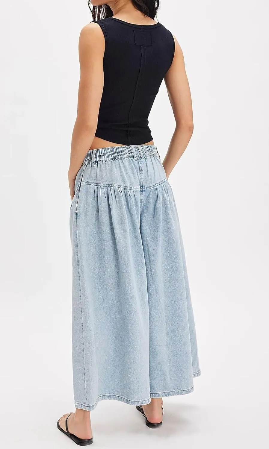 loveimgs Women Mid Rise Pleated Denim Palazzo Pants Cargo Wide Leg Baggy Jeans Ruffle Flare Harem Pants Y2k Elastic Waist