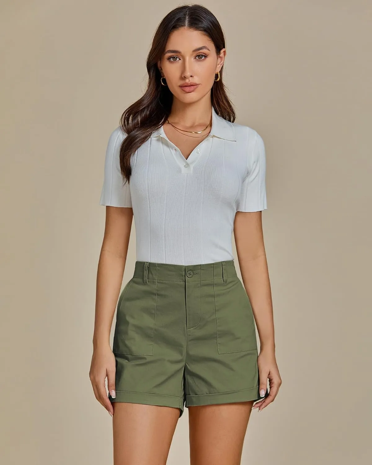 luvamia Shorts for Women High Waisted Dressy Casual Summer Elastic Waist Comfy Rolled Hem Stretch Twill Pocket Shorts