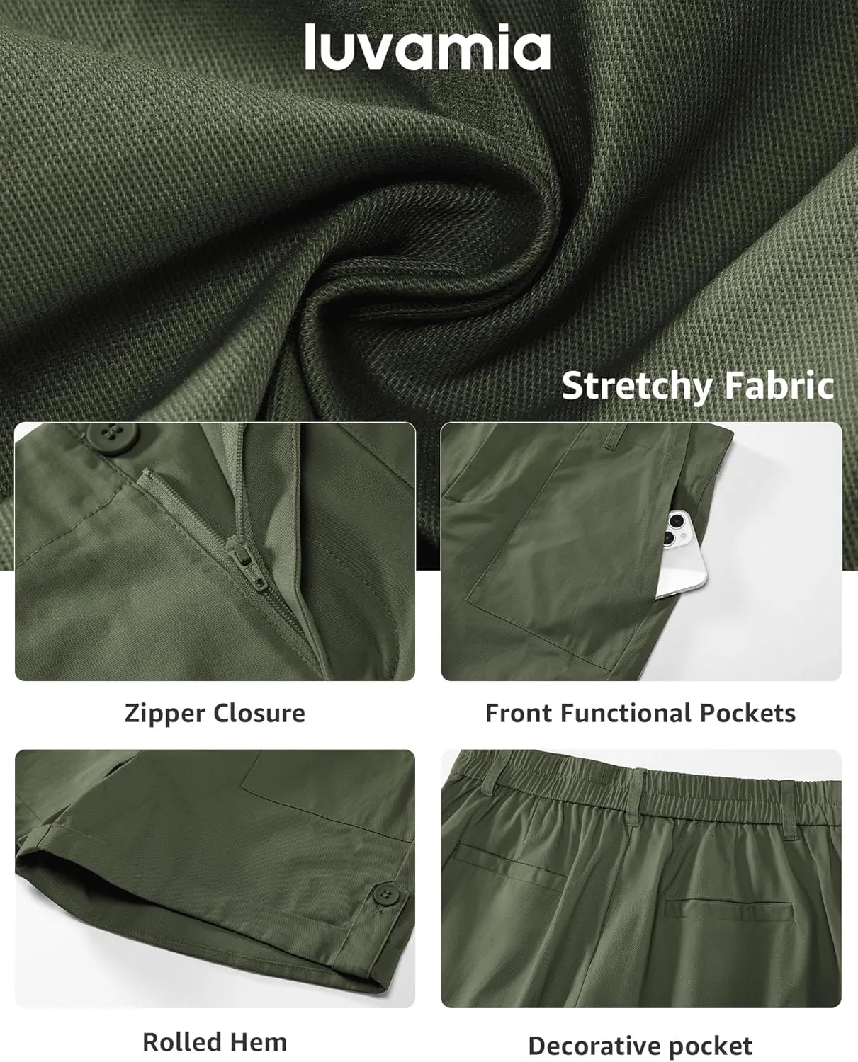 luvamia Shorts for Women High Waisted Dressy Casual Summer Elastic Waist Comfy Rolled Hem Stretch Twill Pocket Shorts
