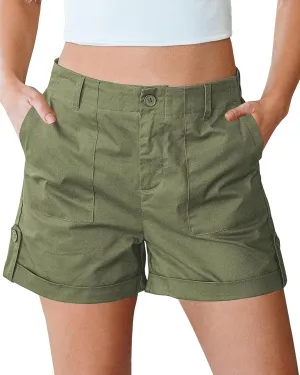 luvamia Shorts for Women High Waisted Dressy Casual Summer Elastic Waist Comfy Rolled Hem Stretch Twill Pocket Shorts
