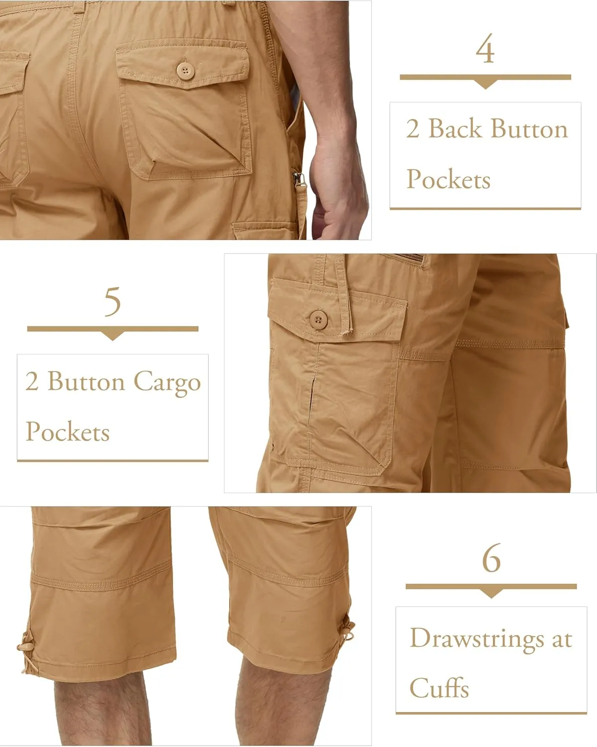 MAGCOMSEN Mens Cargo Shorts Long Capri Elastic Below The Knee 3/4 Cotton Casual Summer Shorts with Pockets