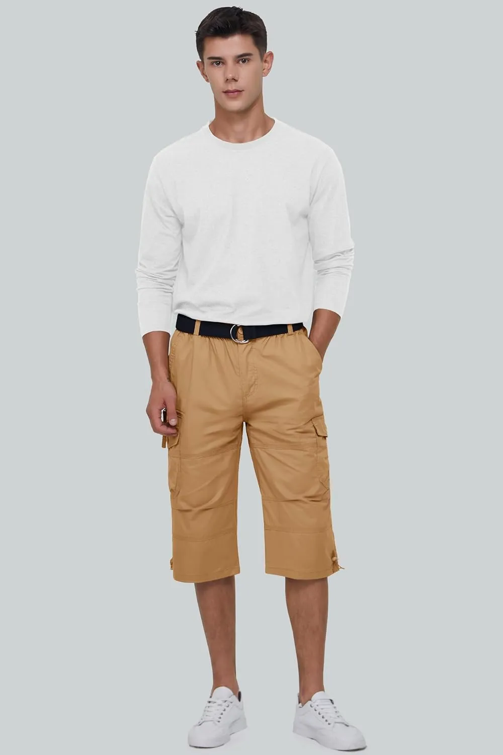 MAGCOMSEN Mens Cargo Shorts Long Capri Elastic Below The Knee 3/4 Cotton Casual Summer Shorts with Pockets