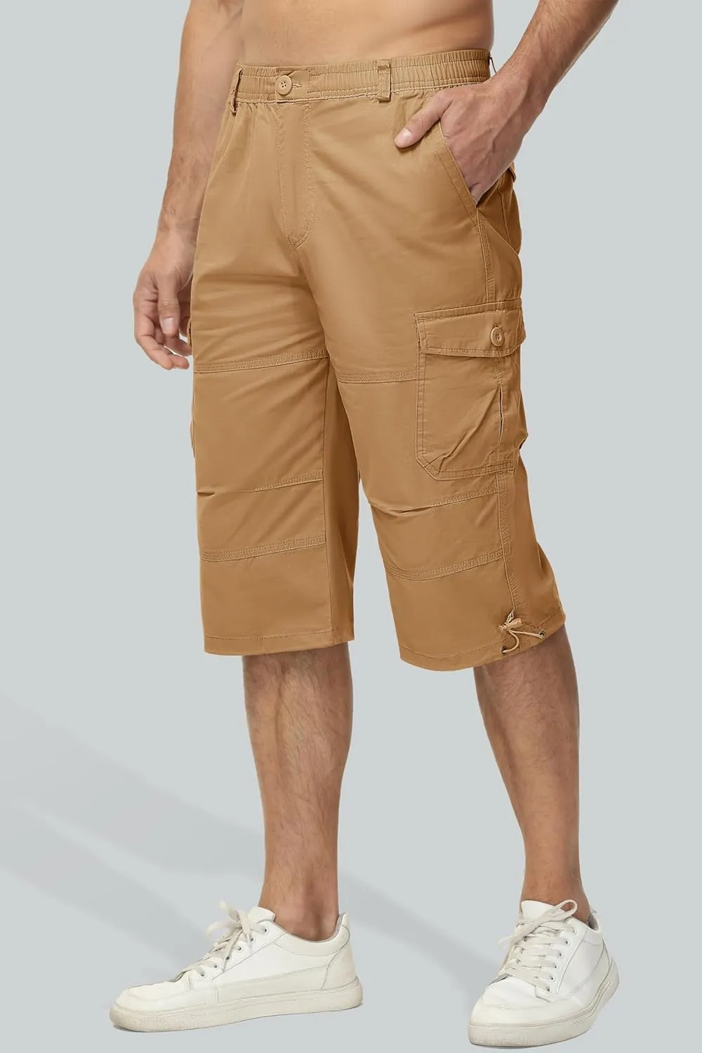 MAGCOMSEN Mens Cargo Shorts Long Capri Elastic Below The Knee 3/4 Cotton Casual Summer Shorts with Pockets