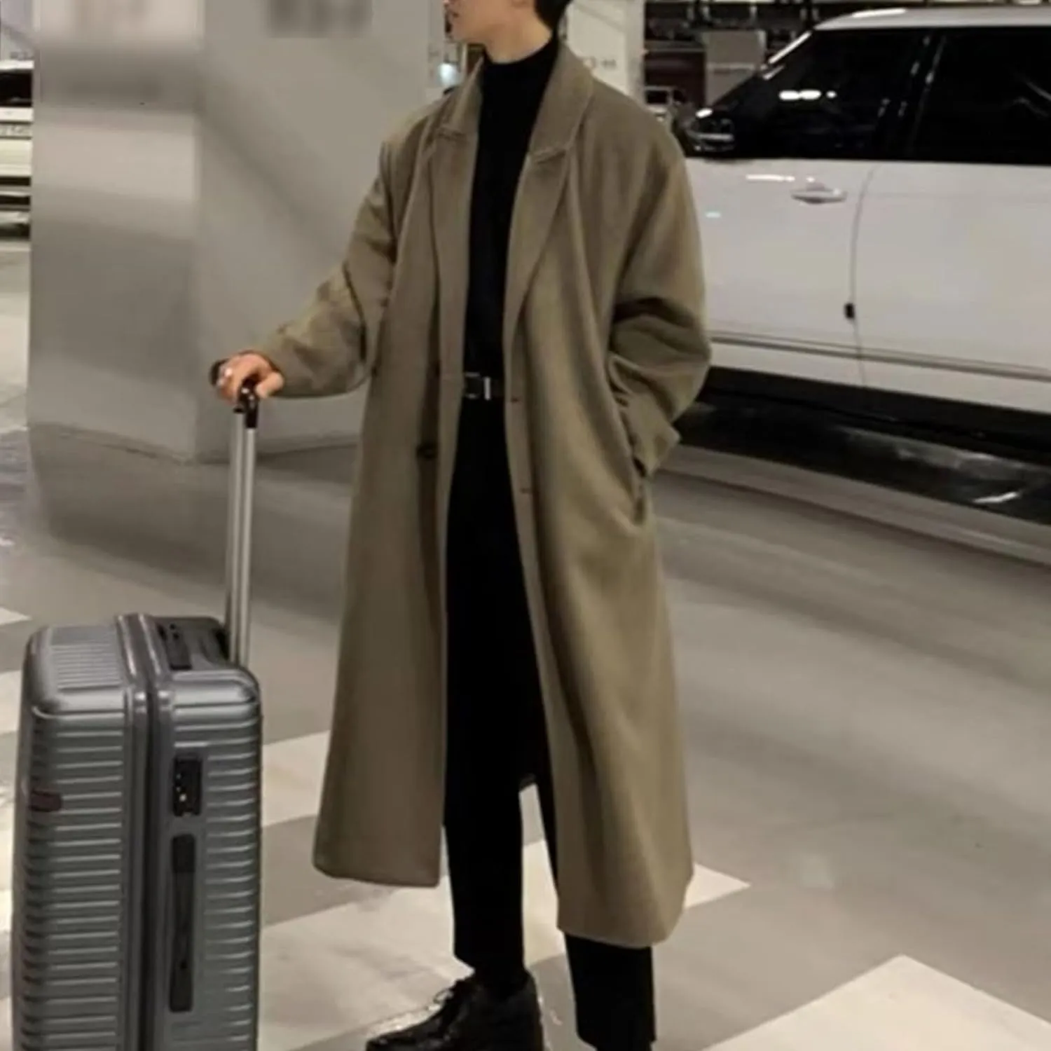 Maiyifu-GJ Men's Wool Blend Pea Coat Notched Collar Single Breasted Overcoat Loose Warm Winter Long Trench Coat