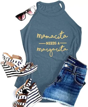 Mamacita Needs a Margarita Women Funny Shirts Workout Tops Graphic Beach Holiday Outfit Tees