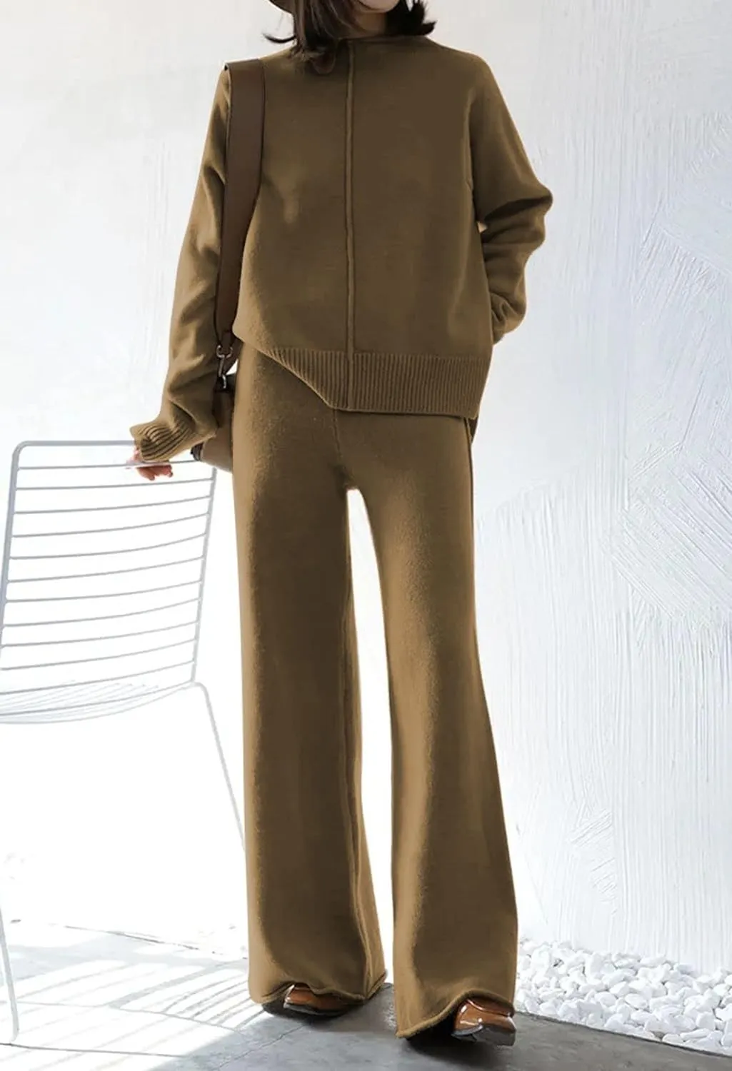 Meenew Women's High Neck 2 Piece Sweatsuit Long Sleeve Knit Sweater Tops Wide Leg Pants Set Outfits