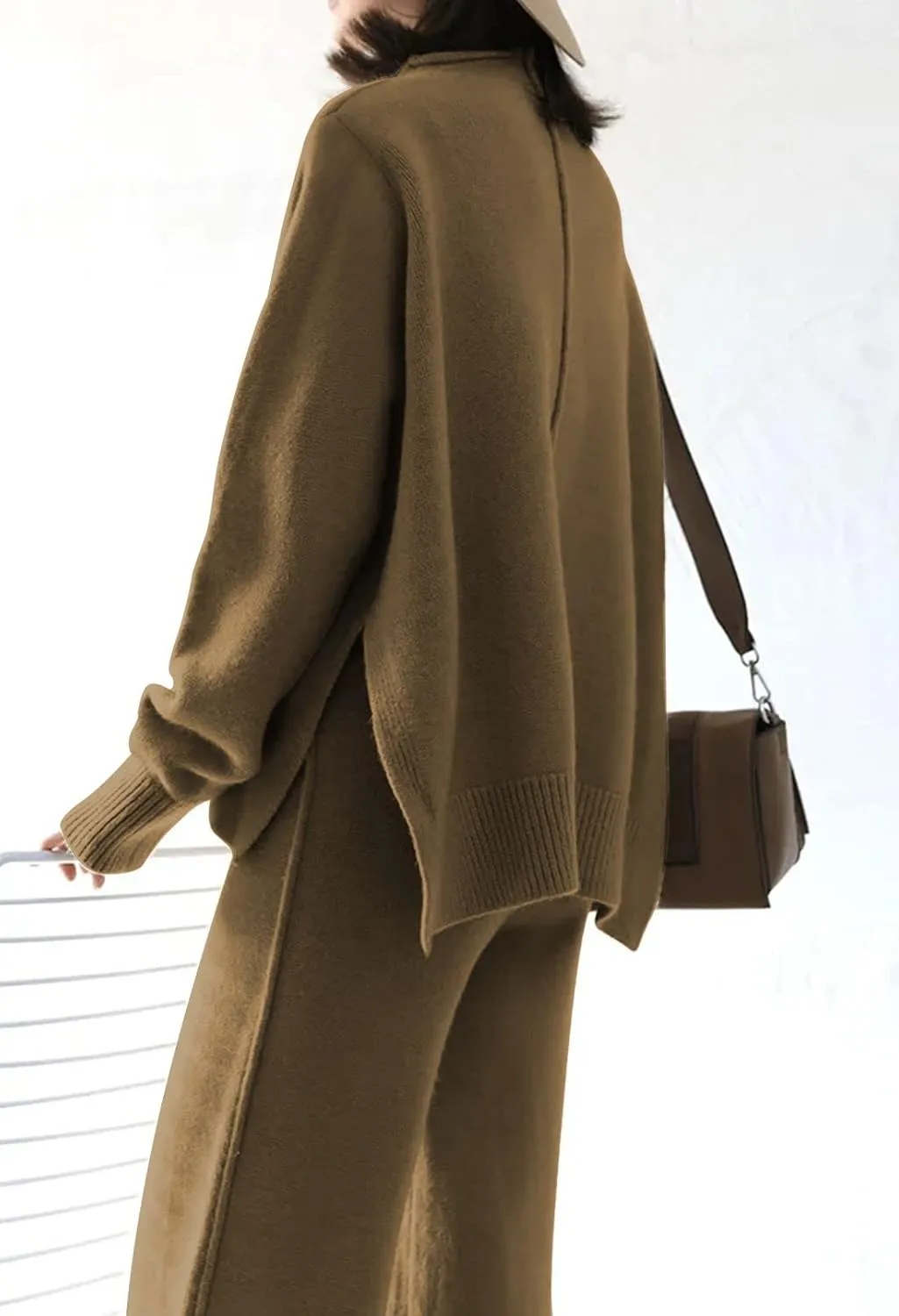 Meenew Women's High Neck 2 Piece Sweatsuit Long Sleeve Knit Sweater Tops Wide Leg Pants Set Outfits
