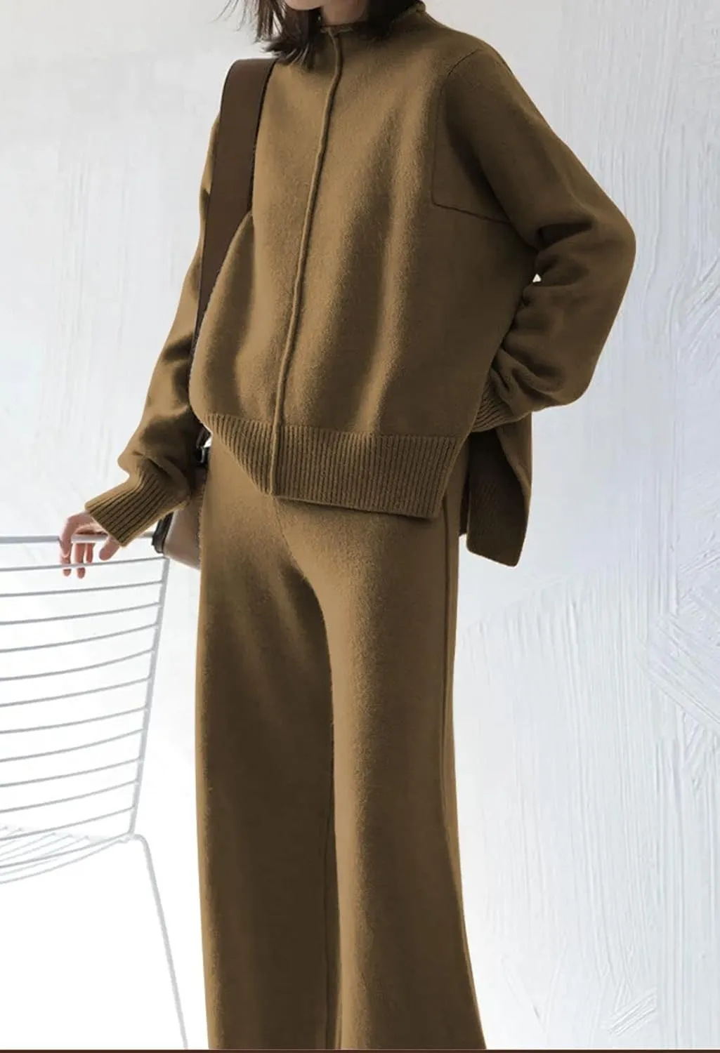 Meenew Women's High Neck 2 Piece Sweatsuit Long Sleeve Knit Sweater Tops Wide Leg Pants Set Outfits