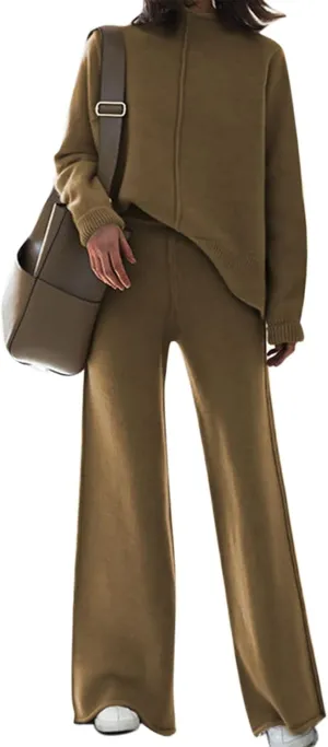Meenew Women's High Neck 2 Piece Sweatsuit Long Sleeve Knit Sweater Tops Wide Leg Pants Set Outfits