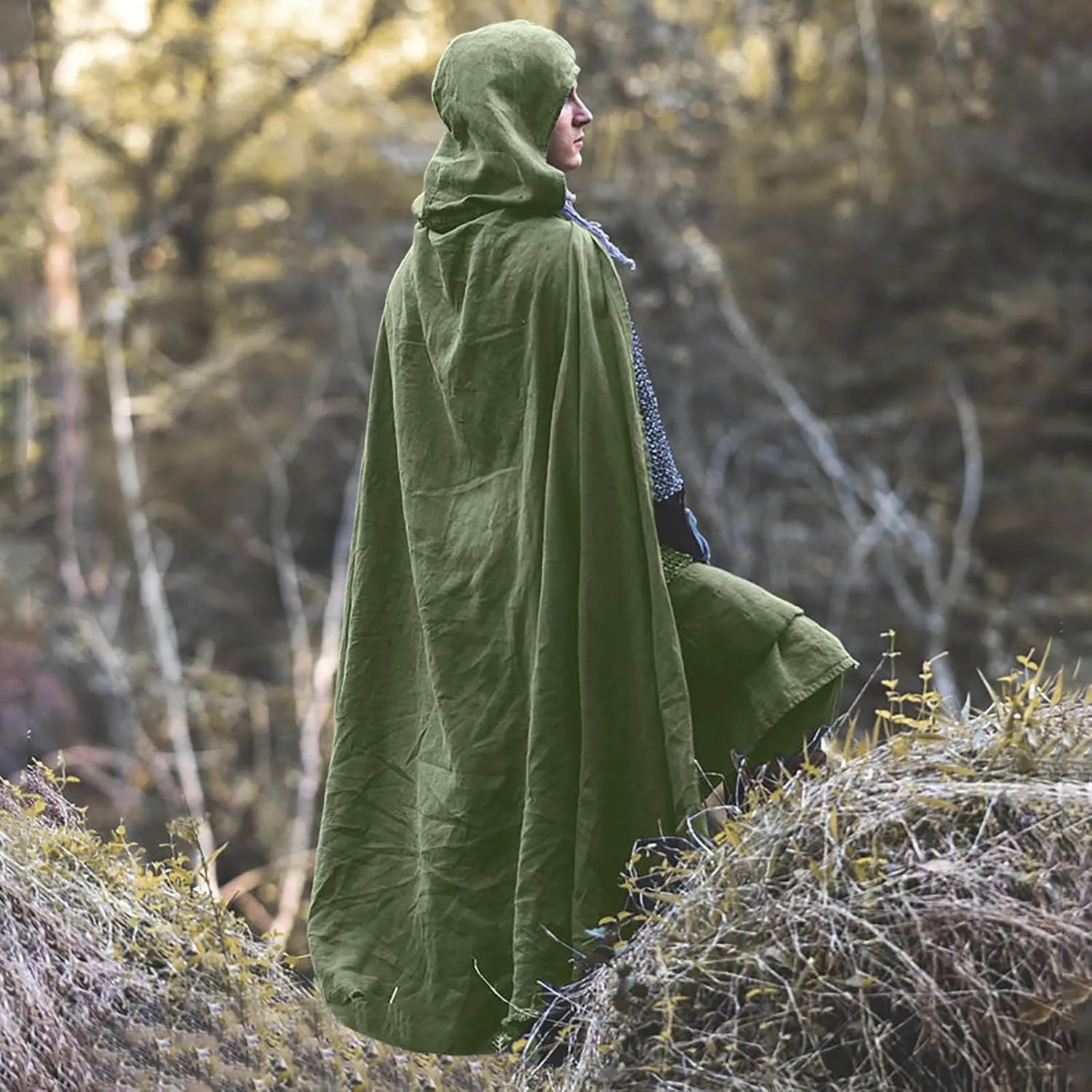 Men Cotton Linen Hooded Cloak Adult Long Cape Halloween Renaissance Cloak Medieval Costume Steampunk Vintage Robe