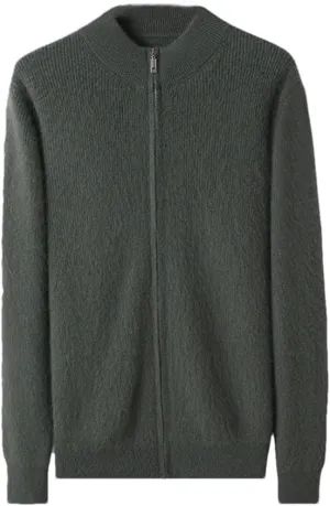 Men's 100 Percent Cashmere Zipper Cardigan Casual Long Sleeve Ribbed Knitted Sweater