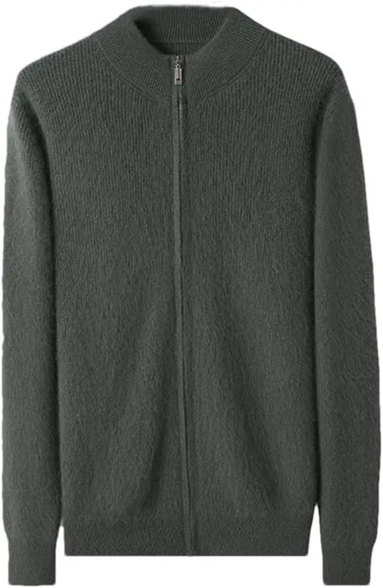 Men's 100 Percent Cashmere Zipper Cardigan Casual Long Sleeve Ribbed Knitted Sweater