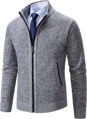 Men's Cardigan Sweaters Full Zip Up Stand Collar Slim Fit Casual Knitted Sweater with 2 Front Pockets