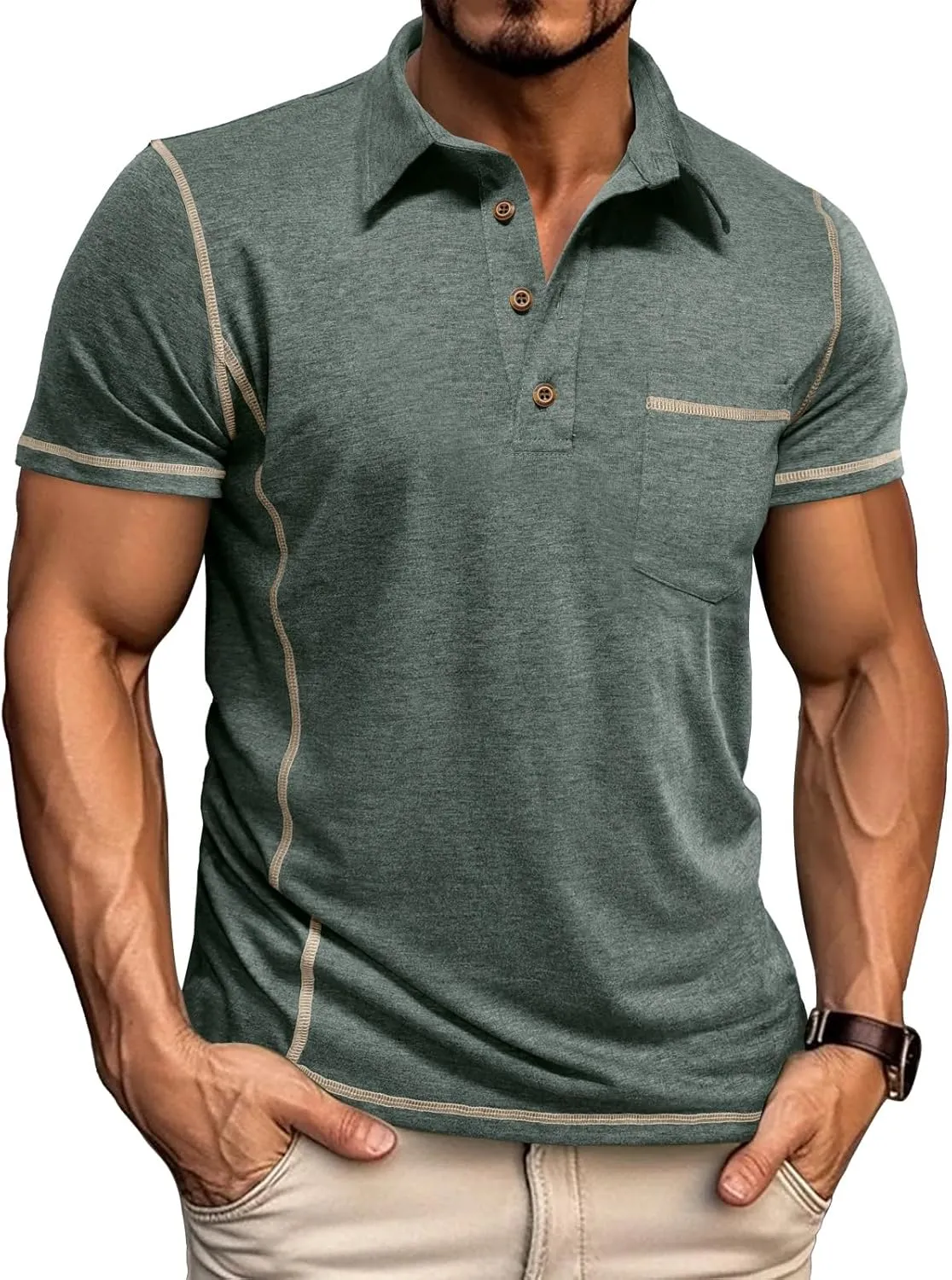 Men's Casual Polo Shirts Classic Short Sleeve Lightweight Basic Button Cotton T-Shirt Golf Tee Tops with Pocket