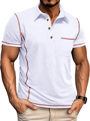 Men's Casual Polo Shirts Classic Short Sleeve Lightweight Basic Button Cotton T-Shirt Golf Tee Tops with Pocket