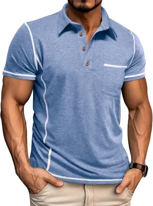 Men's Casual Polo Shirts Classic Short Sleeve Lightweight Basic Button Cotton T-Shirt Golf Tee Tops with Pocket