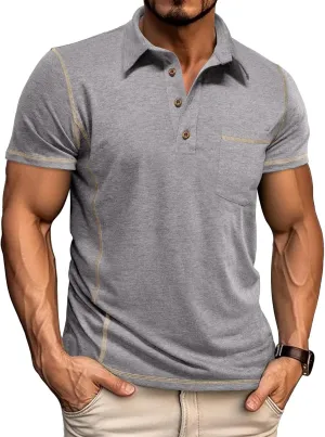 Men's Casual Polo Shirts Classic Short Sleeve Lightweight Basic Button Cotton T-Shirt Golf Tee Tops with Pocket