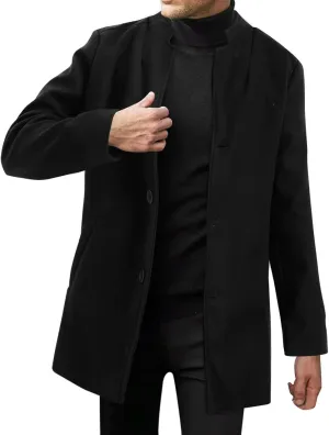 Men's Casual Trench Coat Vintage Breasted Coat Woolen Mid Length Trench Coat Slim Fit Spread Collar Long Sleeve Jacket