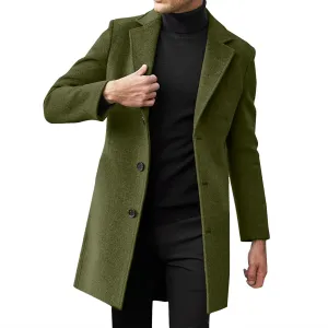 Men's Casual Trench Coat Vintage Breasted Coat Woolen Mid Length Trench Coat Slim Fit Spread Collar Long Sleeve Jacket