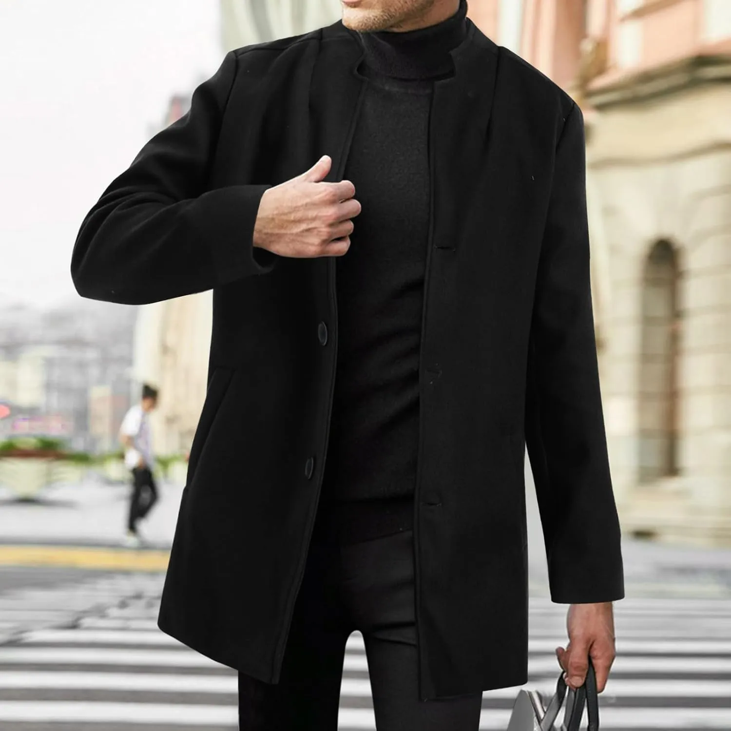 Men's Casual Trench Coat Vintage Breasted Coat Woolen Mid Length Trench Coat Slim Fit Spread Collar Long Sleeve Jacket
