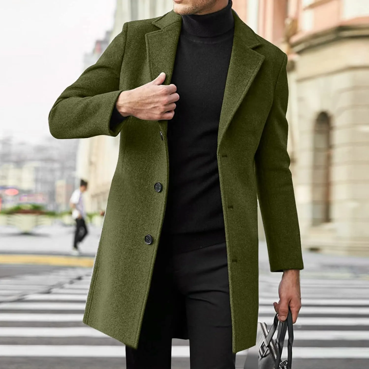 Men's Casual Trench Coat Vintage Breasted Coat Woolen Mid Length Trench Coat Slim Fit Spread Collar Long Sleeve Jacket