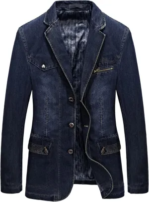 Men's Cowboy Denim Blazer Jacket Classic Notched Collar 3 Button Coat Tailoring Distressed Casual Coats