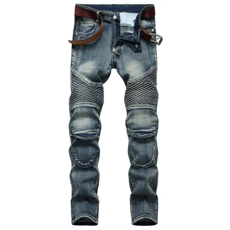Men's Cycling Jeans Mid Waist Motorcycle Jeans Straight Pants