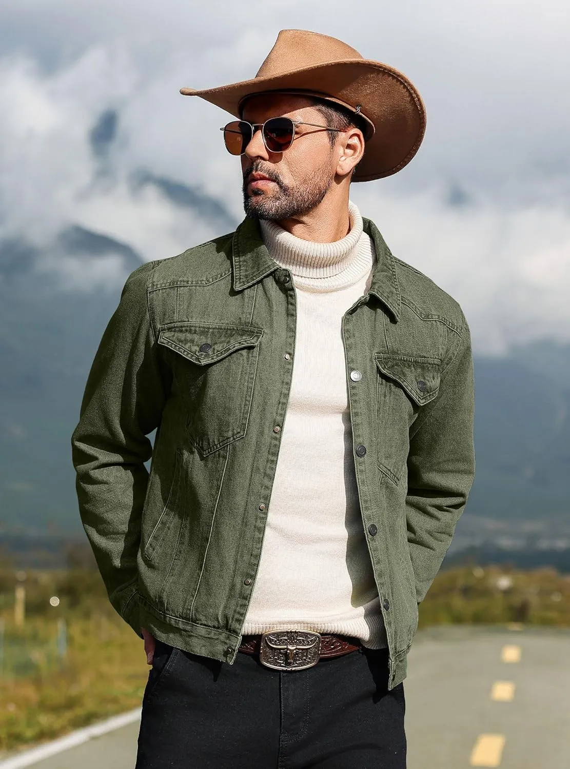 Men's Denim Jacket with Flannel Lined Jean Jackets for Winter Vintage Cowboy Cut Snap Closure Classic Heavy Duty
