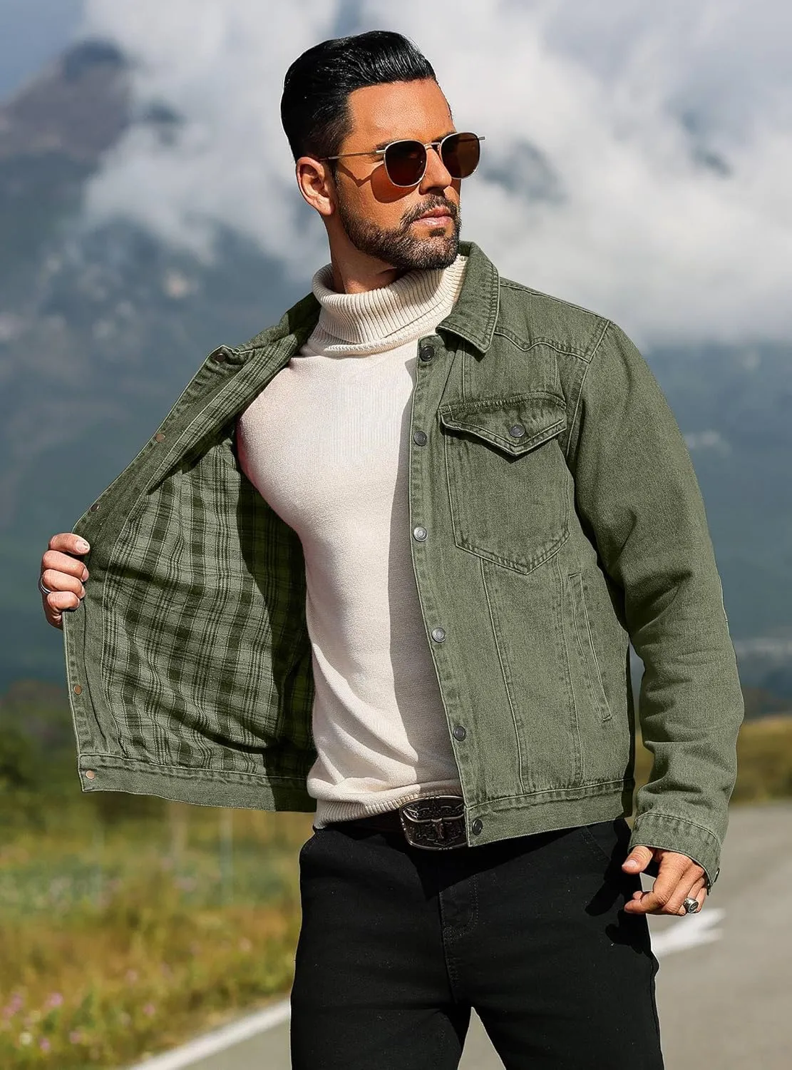 Men's Denim Jacket with Flannel Lined Jean Jackets for Winter Vintage Cowboy Cut Snap Closure Classic Heavy Duty