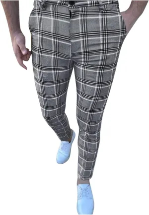 Mens Fashion Plaid Chinos Slim Fit Stretchy Flat-Front Skinny Dress Pencil Pants for Casual Business Golf Work