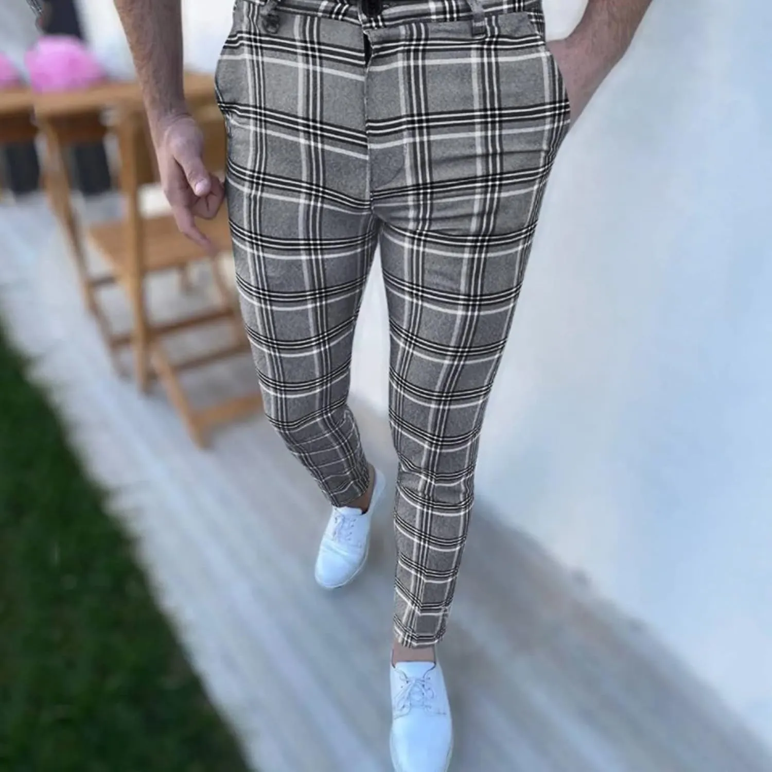 Mens Fashion Plaid Chinos Slim Fit Stretchy Flat-Front Skinny Dress Pencil Pants for Casual Business Golf Work