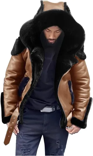 Mens Faux Fur Coat, Gutori Men's Faux Leather Thicken Winter Warm Long Jacket Lightweight Parka Hooded Pea Coat Outwear