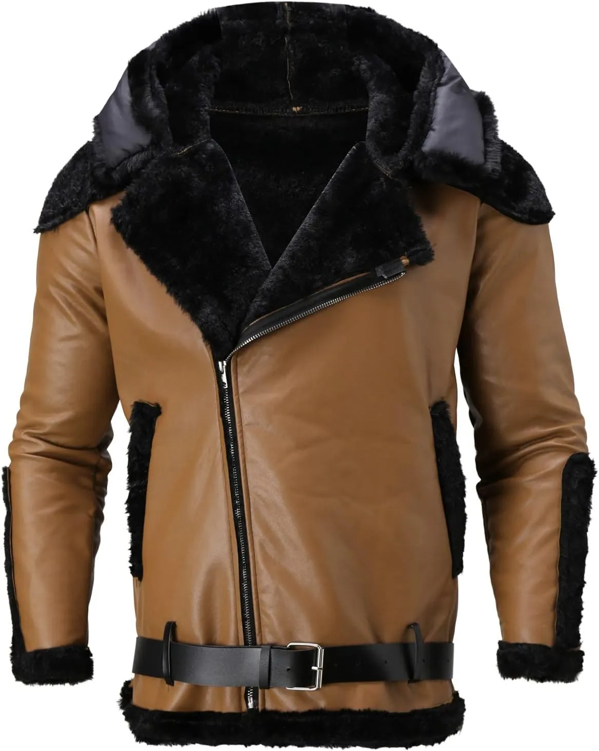 Mens Faux Fur Coat, Gutori Men's Faux Leather Thicken Winter Warm Long Jacket Lightweight Parka Hooded Pea Coat Outwear