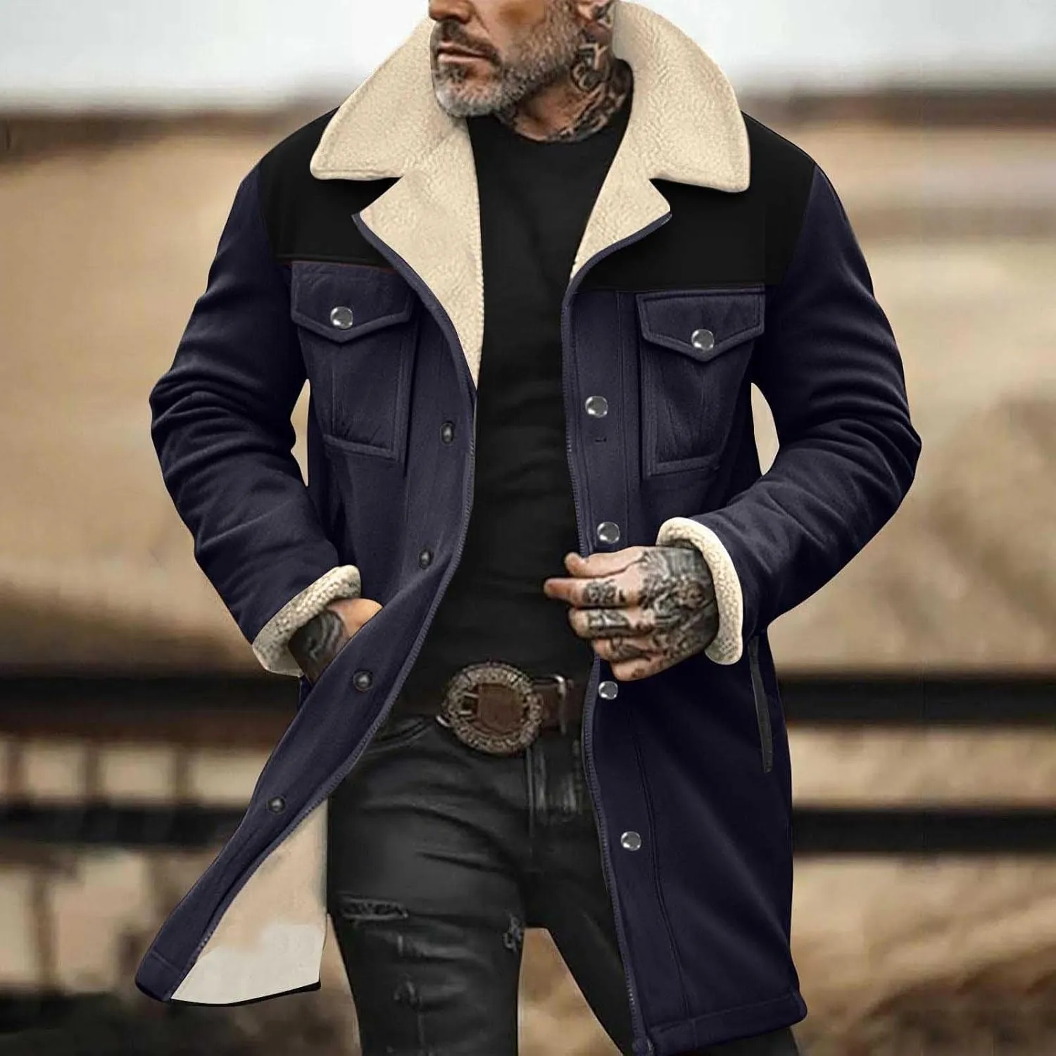 Men's Faux Shearling Sherpa Lined Overcoat Retro Faux Suede Trench Coat Notched Collar Pea Coat Button Down Outerwear
