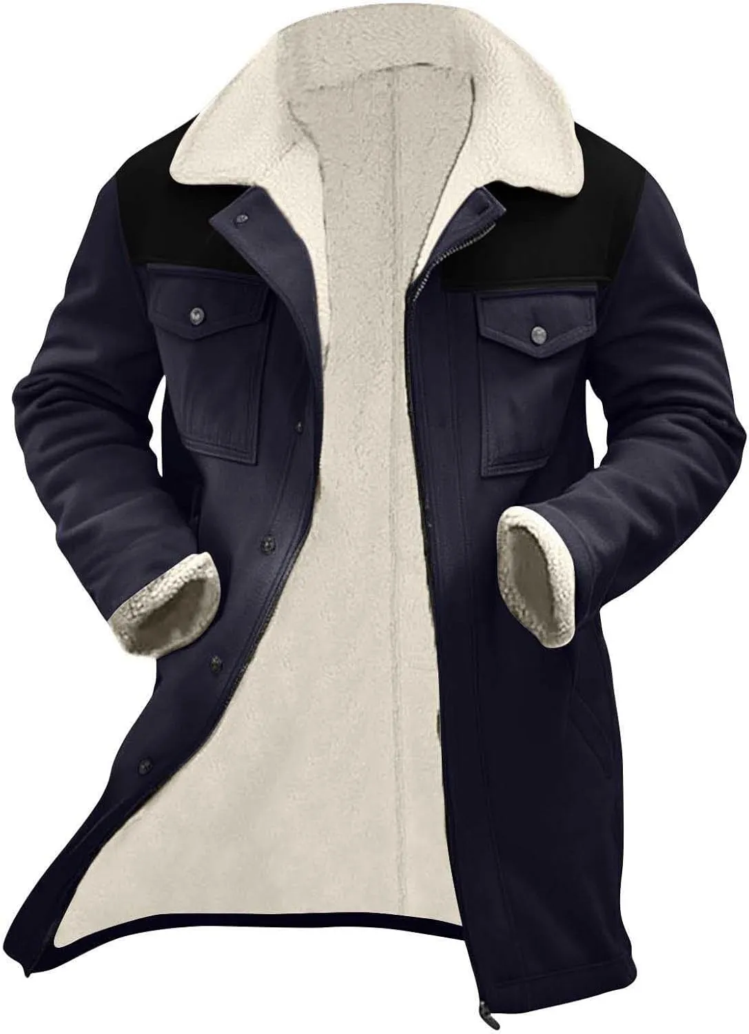 Men's Faux Shearling Sherpa Lined Overcoat Retro Faux Suede Trench Coat Notched Collar Pea Coat Button Down Outerwear