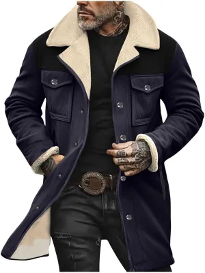 Men's Faux Shearling Sherpa Lined Overcoat Retro Faux Suede Trench Coat Notched Collar Pea Coat Button Down Outerwear