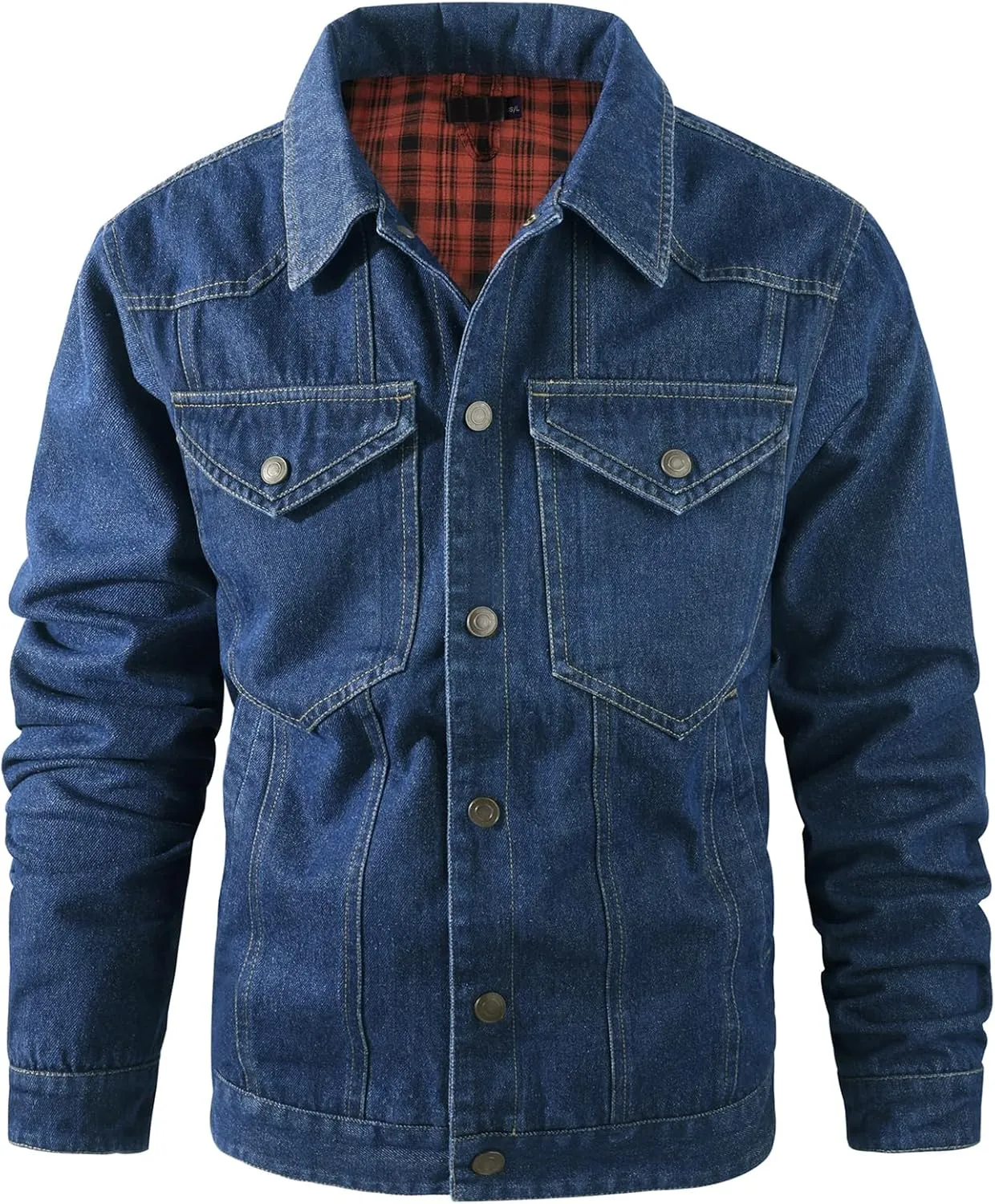 Men's Flannel Lined Denim Jacket Western Cowboy Long Sleeve Shirts Snap Jean Shacket Trucker Jacket Coat