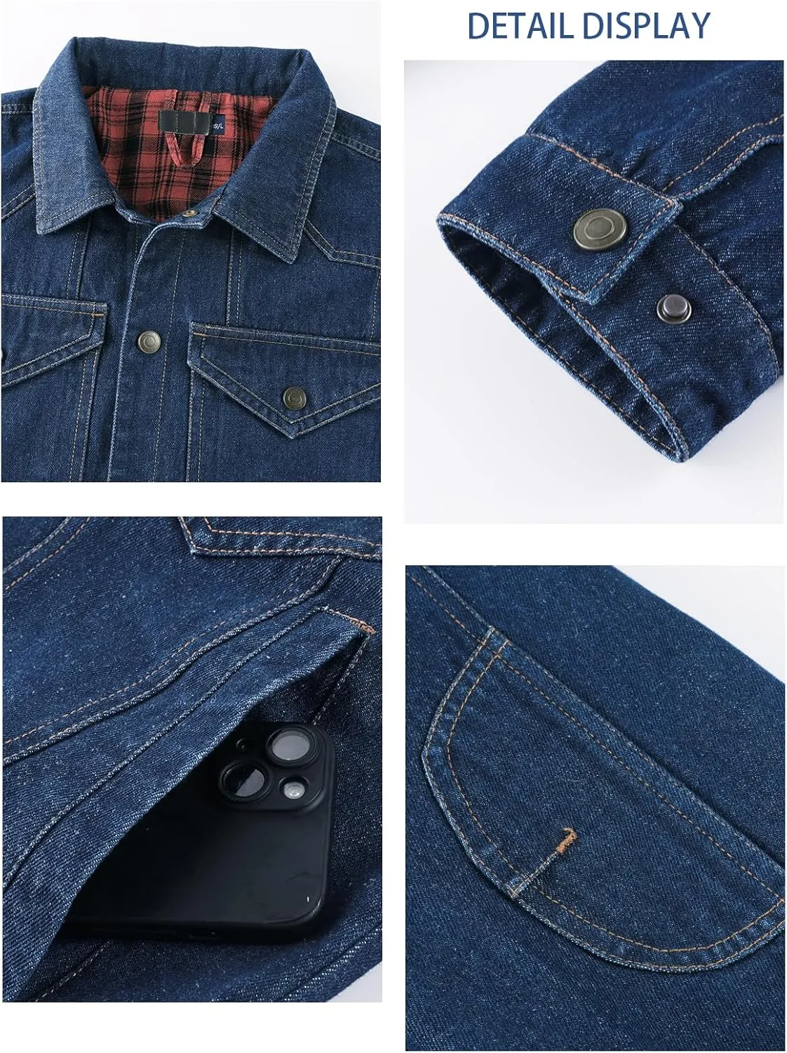 Men's Flannel Lined Denim Jacket Western Cowboy Long Sleeve Shirts Snap Jean Shacket Trucker Jacket Coat
