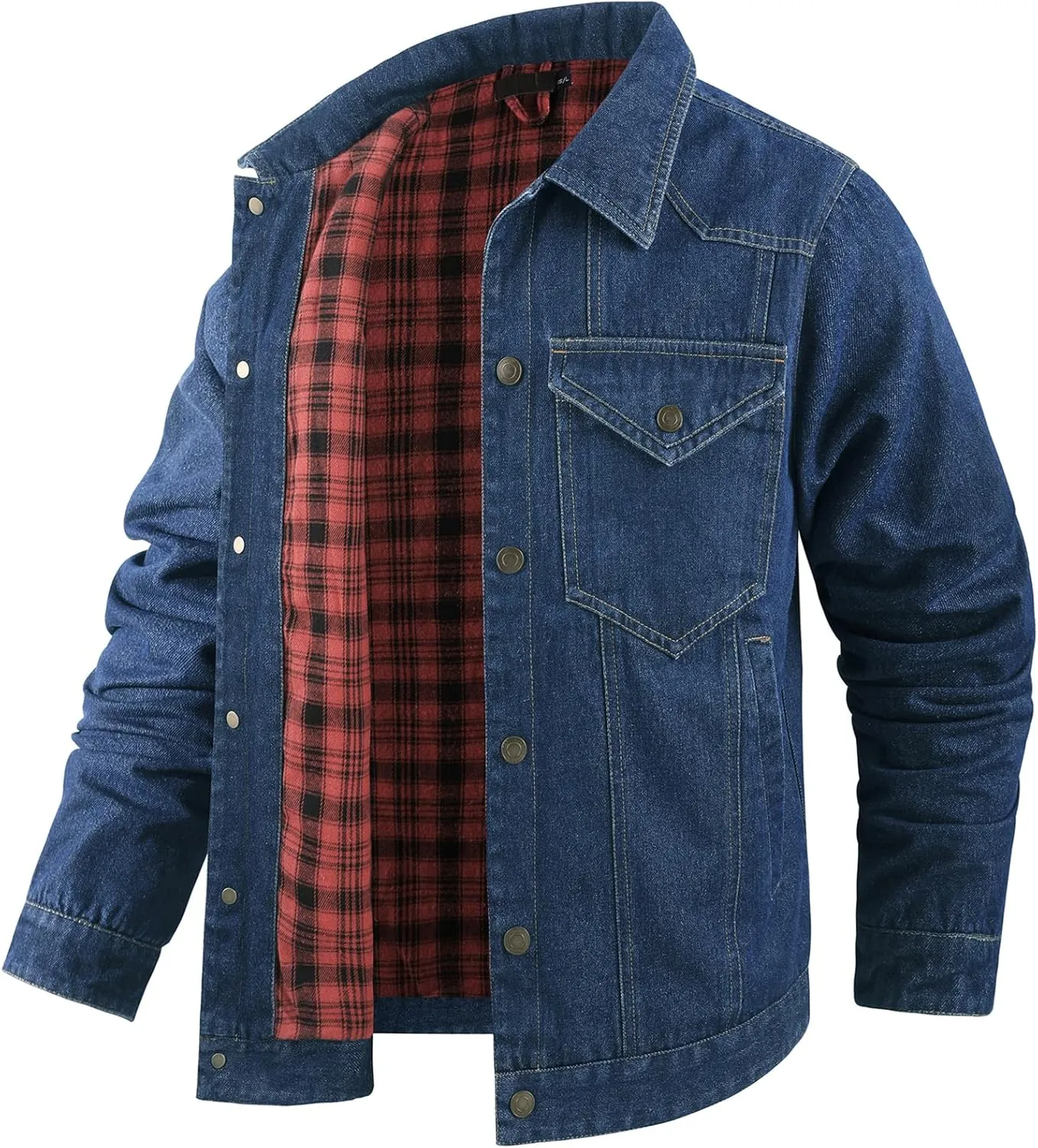 Men's Flannel Lined Denim Jacket Western Cowboy Long Sleeve Shirts Snap Jean Shacket Trucker Jacket Coat