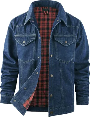 Men's Flannel Lined Denim Jacket Western Cowboy Long Sleeve Shirts Snap Jean Shacket Trucker Jacket Coat