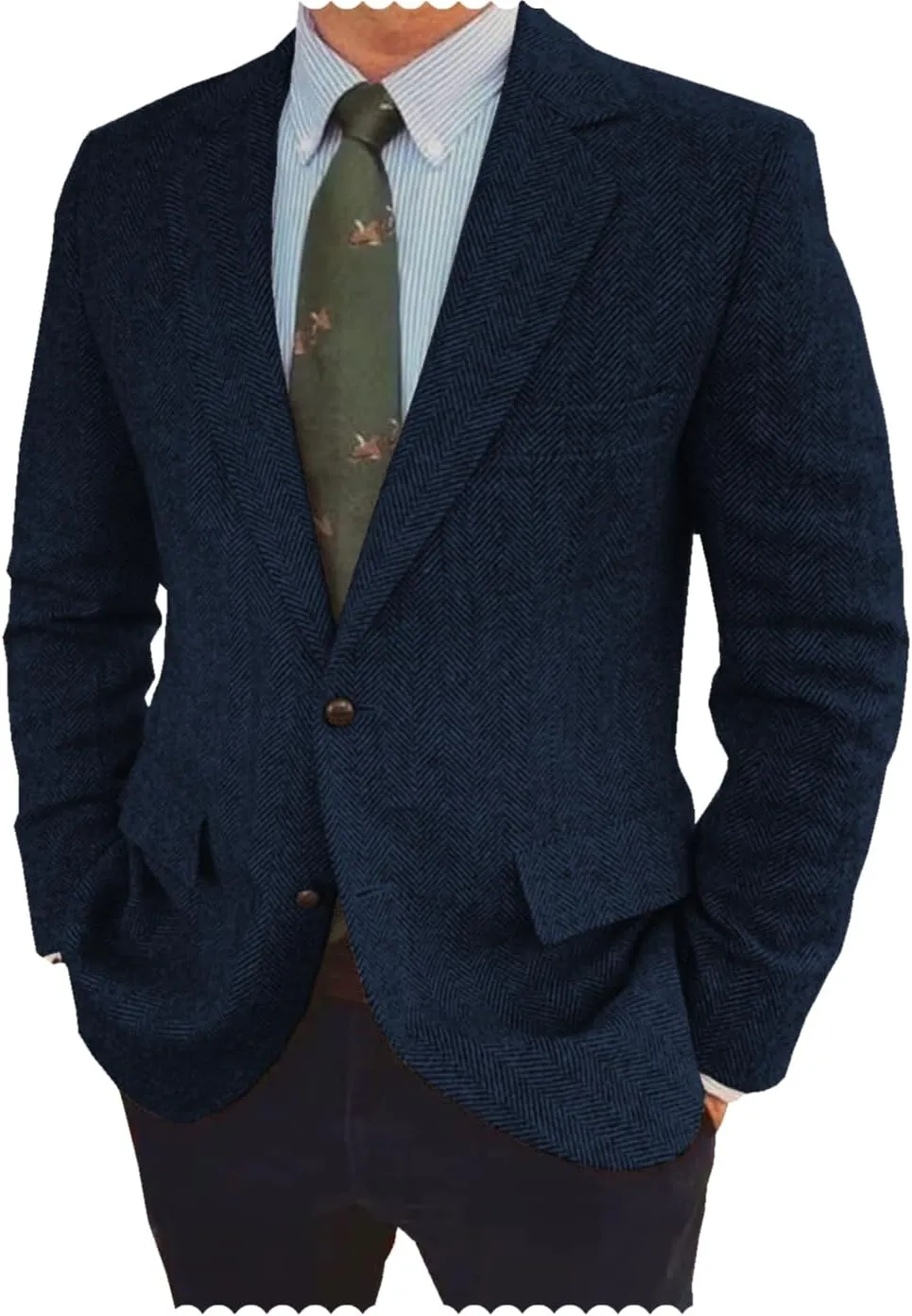 Men's Herringbone Blazer Jacket Slim Fit Notch Lapel Wool Blend Sports Coat