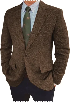 Men's Herringbone Blazer Jacket Slim Fit Notch Lapel Wool Blend Sports Coat