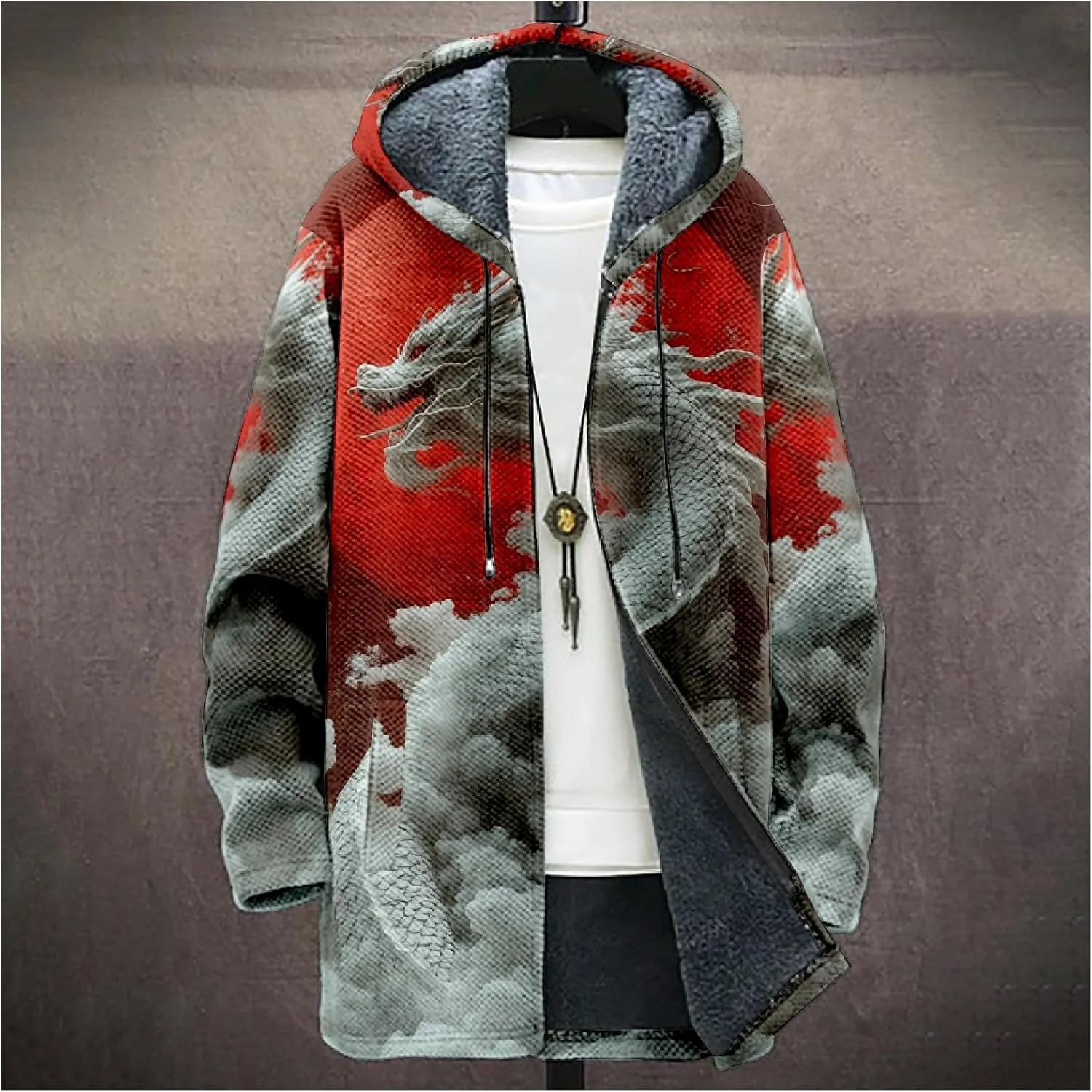 Mens Hooded Cardigan Sweater Japanese Art Zip Up Vintage Long Sleeve Casual Hoodie Dragon Print Coat with Pockets