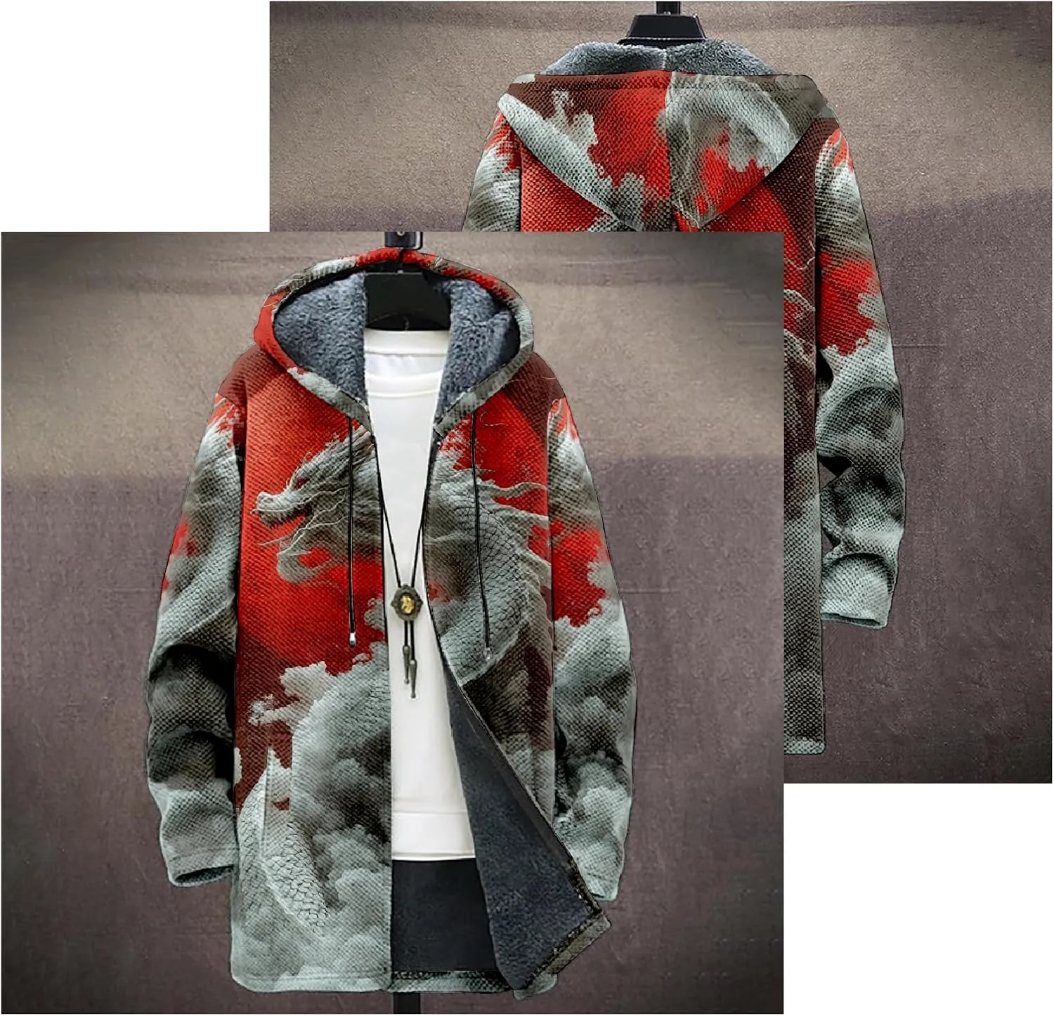 Mens Hooded Cardigan Sweater Japanese Art Zip Up Vintage Long Sleeve Casual Hoodie Dragon Print Coat with Pockets